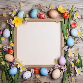 Feasts of the Lord's Resurrection: Easter eggs and spring flowers on wooden background. Top view, copy space