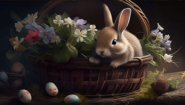 Feasts of the Lord's Resurrection: Easter bunny in a basket with spring flowers on a dark background