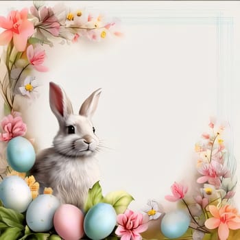 Feasts of the Lord's Resurrection: Easter background with Easter eggs, bunny, flowers and place for text