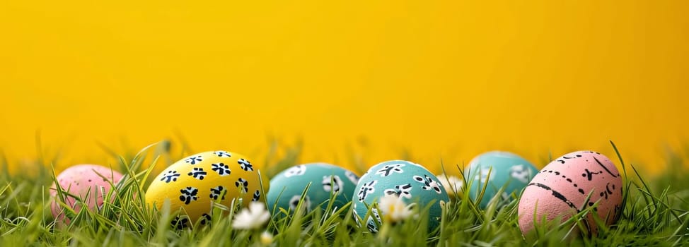 Feasts of the Lord's Resurrection: Easter eggs on green grass and yellow background with copy space.