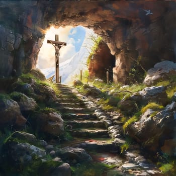 Feast of the Lord's Resurrection: Digital painting of a wooden cross at the entrance to a cave in the mountains