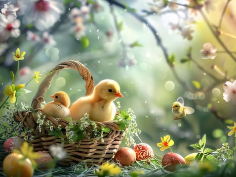 Feasts of the Lord's Resurrection: Easter eggs and yellow chickens in a basket on a green grass