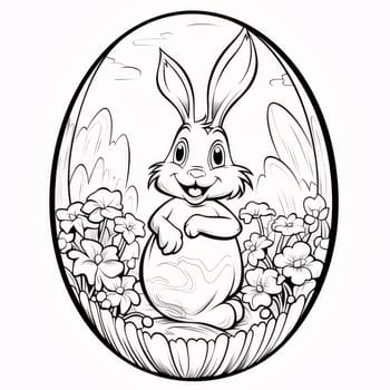 Feasts of the Lord's Resurrection: Easter egg with bunny and flowers. Vector illustration for coloring book