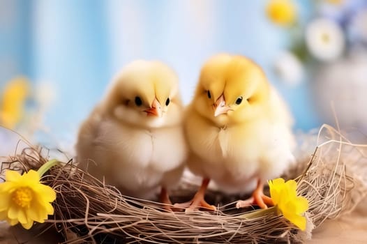 Feasts of the Lord's Resurrection: Cute little chicks in nest on wooden table, on light background