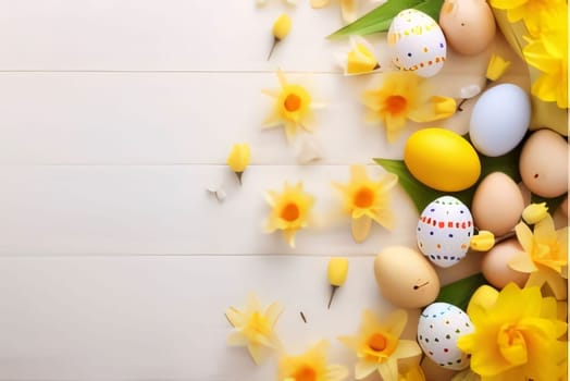 Feasts of the Lord's Resurrection: Easter eggs and daffodils on white wooden background.