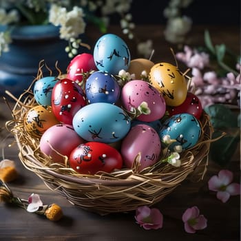 Feasts of the Lord's Resurrection: Colorful Easter eggs in a basket with flowers on a wooden background