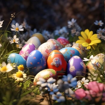 Feasts of the Lord's Resurrection: Easter eggs in the grass with daisies and spring flowers