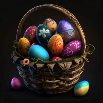 Feasts of the Lord's Resurrection: Easter basket with painted eggs on black background, 3d illustration