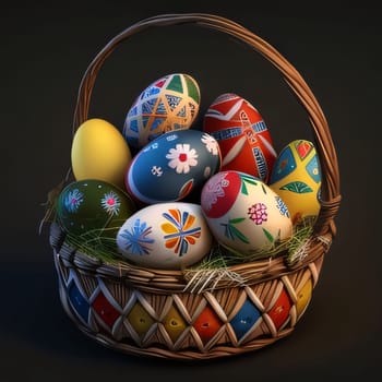 Feasts of the Lord's Resurrection: Easter basket with painted eggs on dark background. 3d illustration