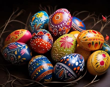 Feast of the Lord's Resurrection: Painted Easter eggs on rustic background, close-up.