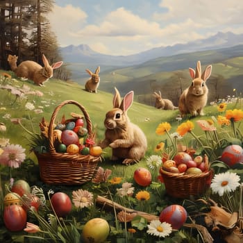 Feasts of the Lord's Resurrection: Easter bunnies with basket of eggs in the meadow