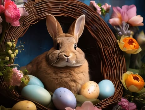 Feasts of the Lord's Resurrection: Easter decoration with cute bunny and eggs in basket on blue background