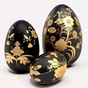 Feasts of the Lord's Resurrection: Three black Easter eggs decorated with golden ornaments on a white background