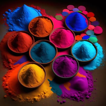 Assorted vibrant color powders in bowls, spread out, used for Holi festival celebrations and artistic creations.