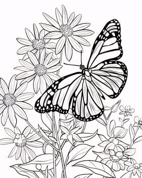 Beautiful spring illustration: Butterfly on daisies. Black and white illustration.