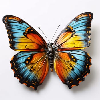 Beautiful spring illustration: Colorful butterfly isolated on white background. Close-up view.