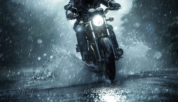 A man on a motorcycle is riding down a wet street by AI generated image.