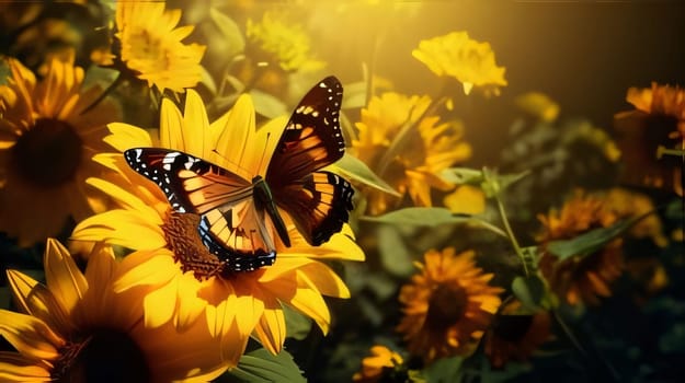 Beautiful spring illustration: Butterfly on sunflowers in the garden. Summer background