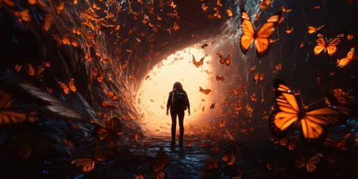 Beautiful spring illustration: Mysterious woman in a dark tunnel of butterflies. 3D rendering