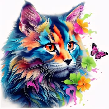 Beautiful spring illustration: Colorful portrait of a cat with butterflies and flowers. Vector illustration.