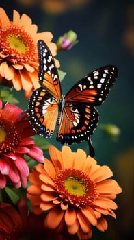 Beautiful spring illustration: Butterfly and gerbera flowers on the nature background.