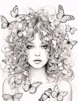 Beautiful spring illustration: Portrait of a beautiful girl with butterflies in her hair. Vector illustration.