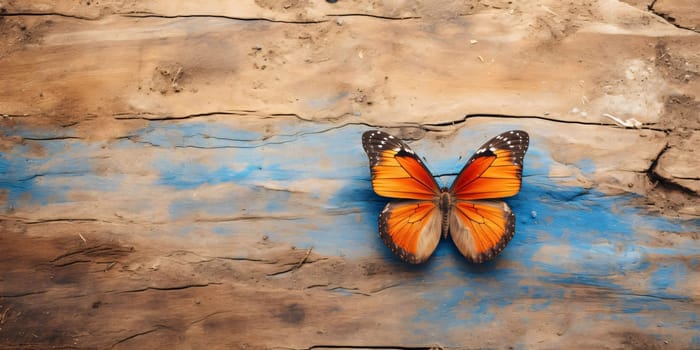 Beautiful spring illustration: Butterfly on wood background. Butterfly on wooden wall background.