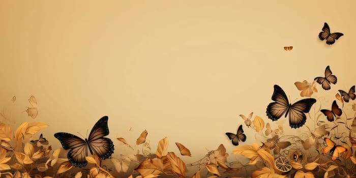 Beautiful spring illustration: Vintage background with butterflies and autumn leaves. Space for text.