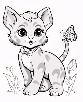 Beautiful spring illustration: Cute cartoon cat with butterfly. Vector illustration for coloring book.