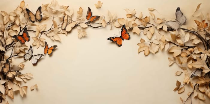 Beautiful spring illustration: Butterflies and leaves on beige background, space for text