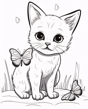 Beautiful spring illustration: Cute cat with butterflies. Vector illustration in black and white colors.