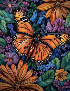 Beautiful spring illustration: Butterfly and flowers on a black background. Vector illustration.