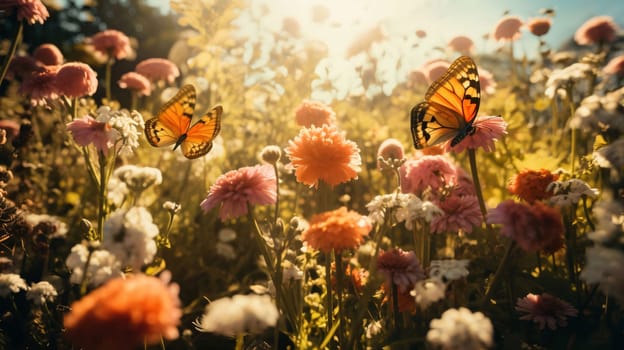 Beautiful spring illustration: Butterfly on a flower in the meadow with daisies