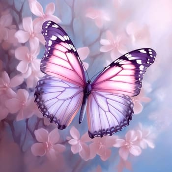Beautiful spring illustration: Butterfly on a background of spring cherry blossoms. Digital painting.