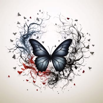 Beautiful spring illustration: Butterfly with red and black hearts on a white background.