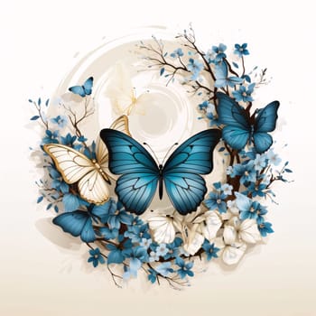 Beautiful spring illustration: Blue butterflies and flowers on white background. Floral vector illustration.