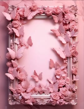 Beautiful spring illustration: Wedding picture frame with pink roses and butterflies on pink background