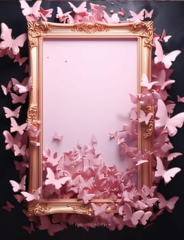 Beautiful spring illustration: Photo frame with pink paper butterflies on a black background. Place for text.