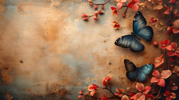 Beautiful spring illustration: Grunge background with flowers and butterfly. Space for text.