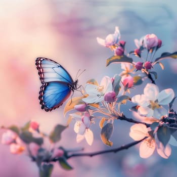 Beautiful spring illustration: Beautiful butterfly sitting on a flower of a blossoming apple tree