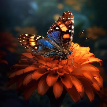 Beautiful spring illustration: Butterfly on a flower in the garden. Macro photography.
