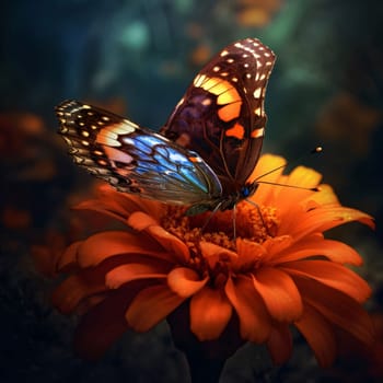 Abstract illustration: Butterfly on orange flower in the garden. Floral background.