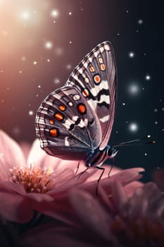 Beautiful spring illustration: Butterfly on a flower in the rays of the setting sun