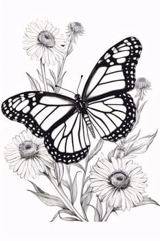 Beautiful spring illustration: Butterfly and daisies. Black and white illustration.