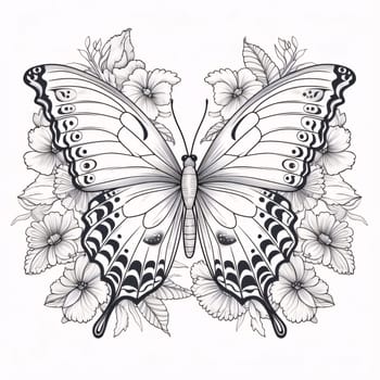 Beautiful spring illustration: Beautiful butterfly with flowers. Vector illustration. Black and white.