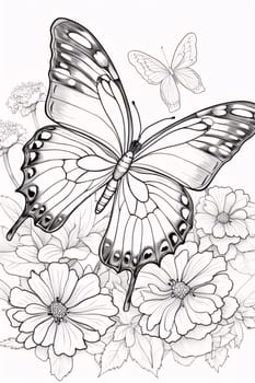 Beautiful spring illustration: butterfly and flowers, black and white illustration for coloring book