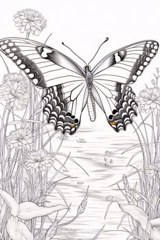 Beautiful spring illustration: butterfly and flowers on a white background, black and white drawing