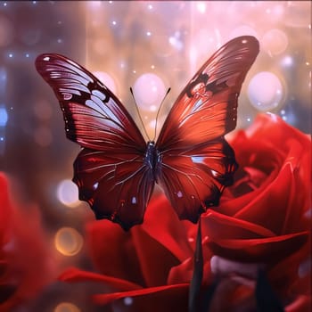 Beautiful spring illustration: Beautiful red roses and butterfly on bokeh background, close up