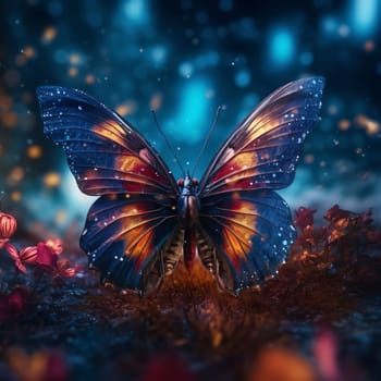 Beautiful spring illustration: 3d render of a butterfly on a background of a winter forest