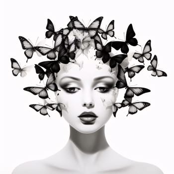 Beautiful spring illustration: Portrait of beautiful woman with butterflies on her face. Fashion art.